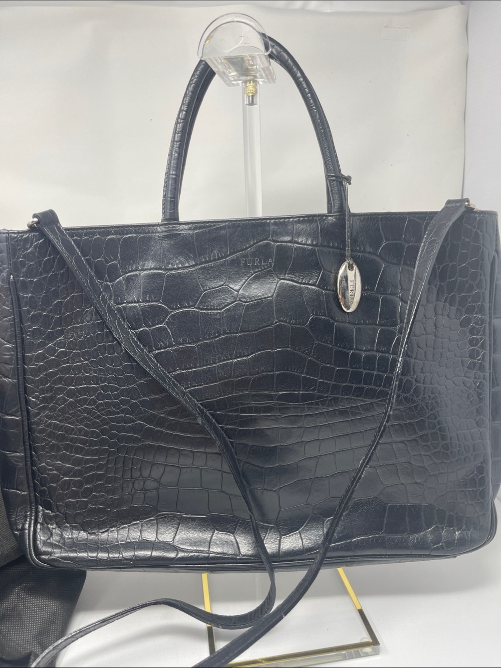 Furla Black Croc-Embossed Tote with Detachable Strap